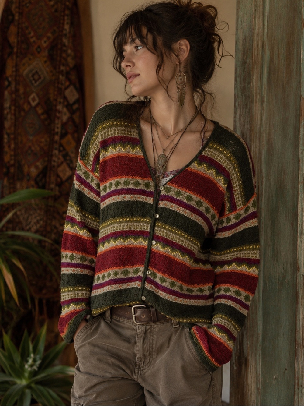 Lizsport Vintage 90s Multicolour Button Up Knit Cardigan Boho Sweater Medium